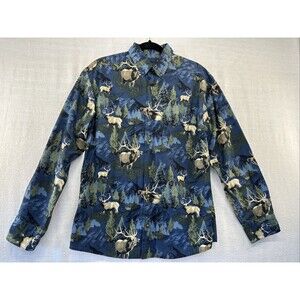 Cabela’s  Button Up Shirt Men’s Med Blue Green Caribou Cabin Mtn Pines Outdoor